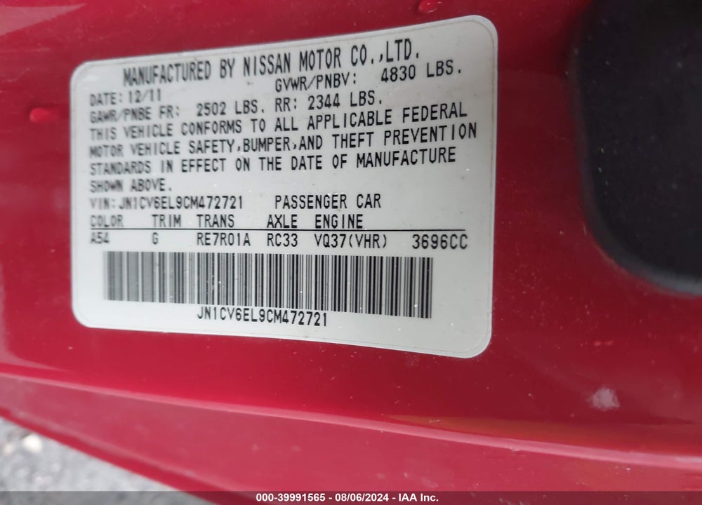 2012 INFINITI G37X VIN: JN1CV6EL9CM472721