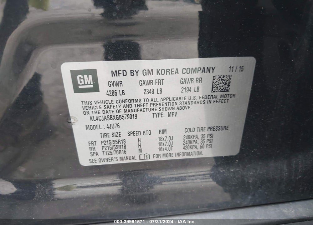 2016 BUICK ENCORE VIN: KL4CJASBXGB579019