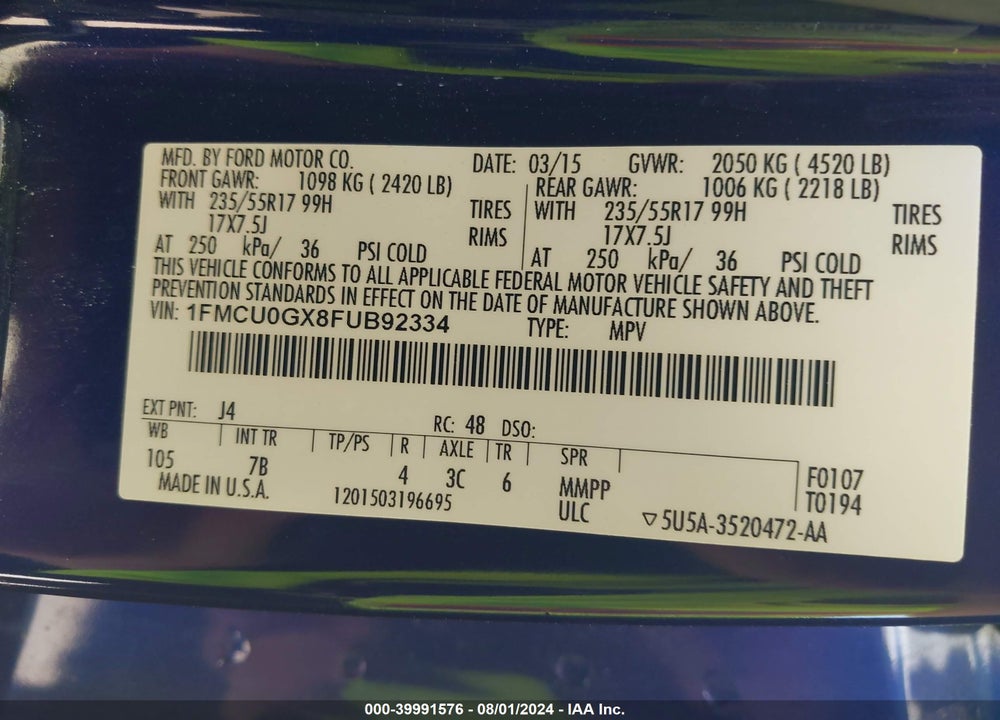 2015 FORD ESCAPE SE VIN: 1FMCU0GX8FUB92334