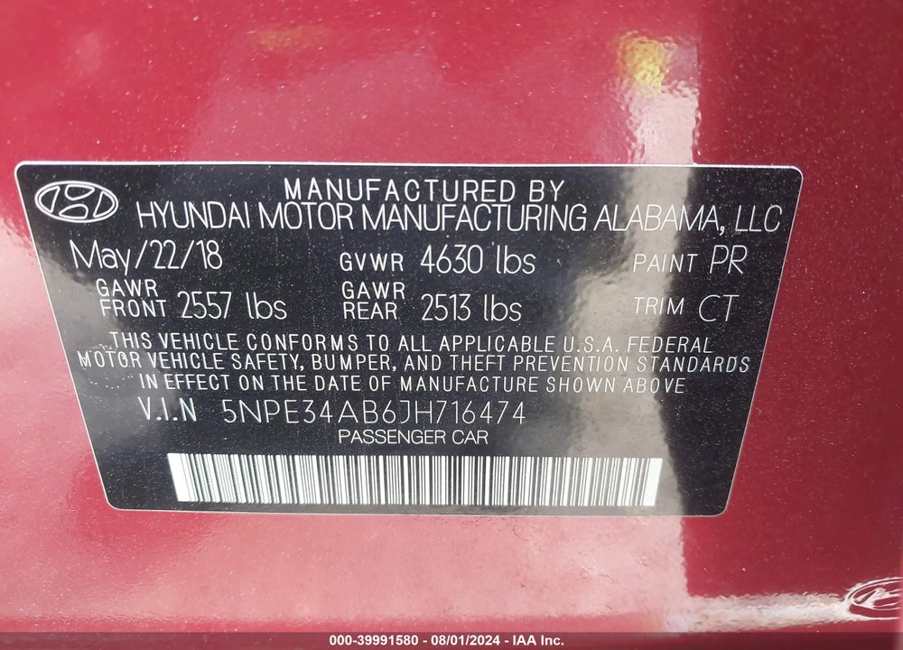 2018 HYUNDAI SONATA LIMITED 2.0T VIN: 5NPE34AB6JH716474