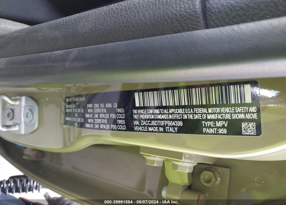 2015 JEEP RENEGADE LIMITED VIN: ZACCJBDT0FPB64399