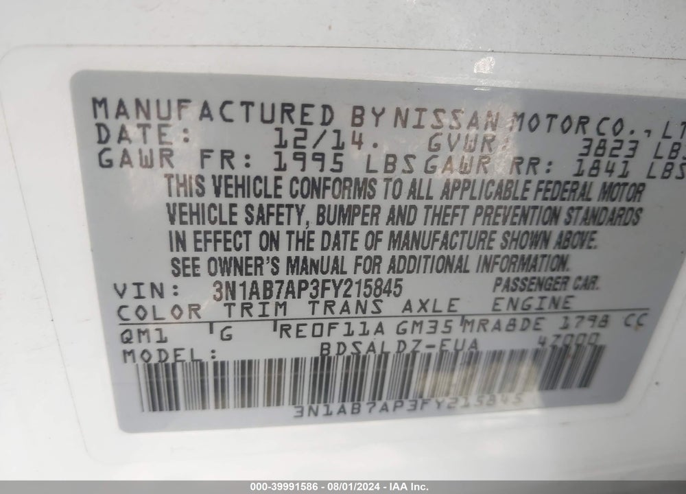 2015 NISSAN SENTRA FE+ S/S/SL/SR/SV VIN: 3N1AB7AP3FY215845