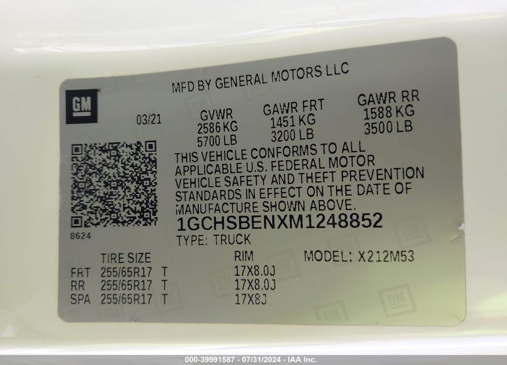 2021 CHEVROLET COLORADO 2WD LONG BOX WT VIN: 1GCHSBENXM1248852