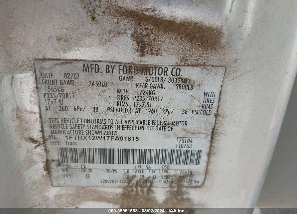 2007 FORD F-150 STX/XL/XLT VIN: 1FTRX12W17FA91815
