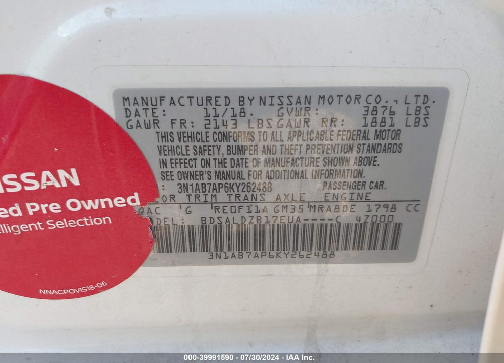 2019 NISSAN SENTRA SV VIN: 3N1AB7AP6KY262488