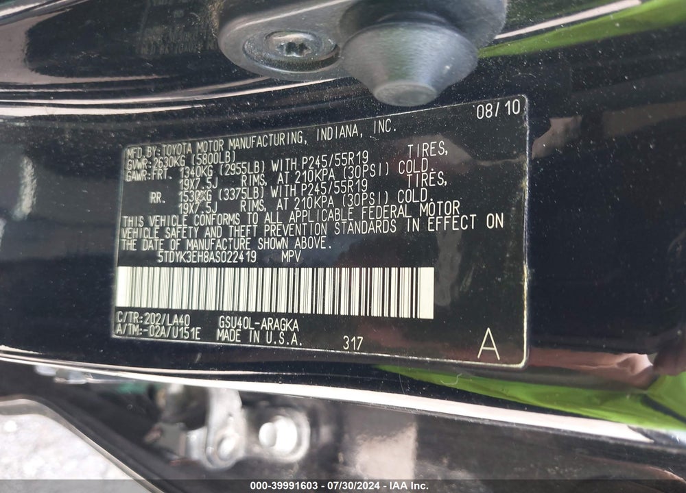 2010 TOYOTA HIGHLANDER LIMITED V6 VIN: 5TDYK3EH8AS022419