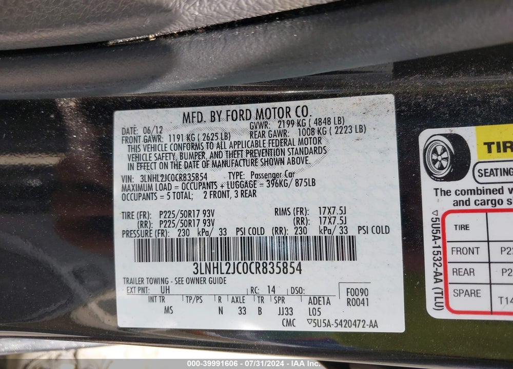 2012 LINCOLN MKZ VIN: 3LNHL2JC0CR835854