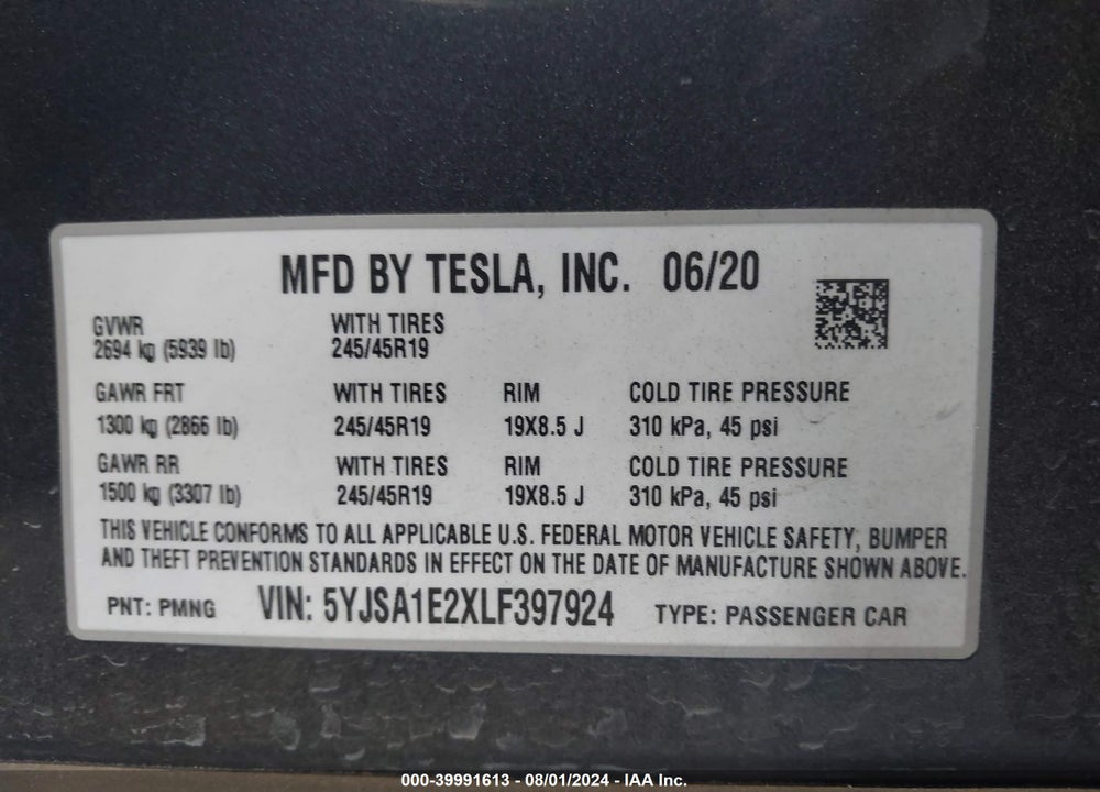 2020 TESLA MODEL S LONG RANGE DUAL MOTOR ALL-WHEEL DRIVE/LONG RANGE PLUS DUAL MOTOR ALL-WHEEL DRIVE VIN: 5YJSA1E2XLF397924