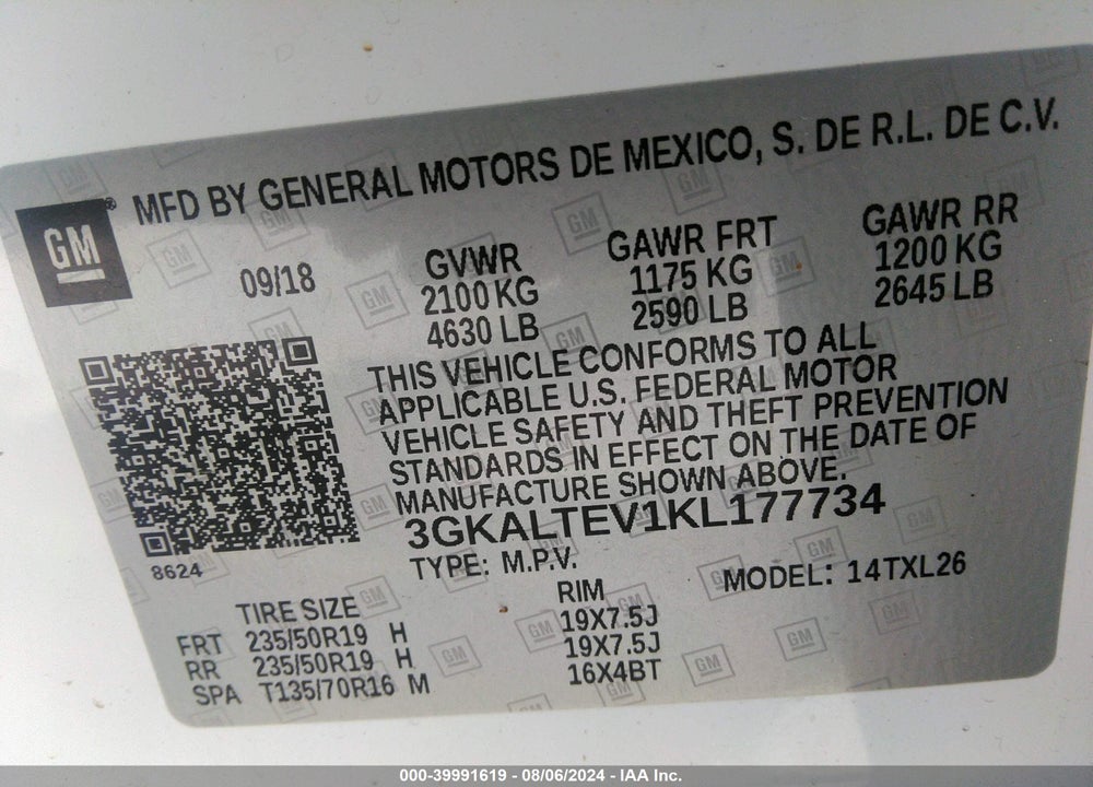 2019 GMC TERRAIN SLE VIN: 3GKALTEV1KL177734