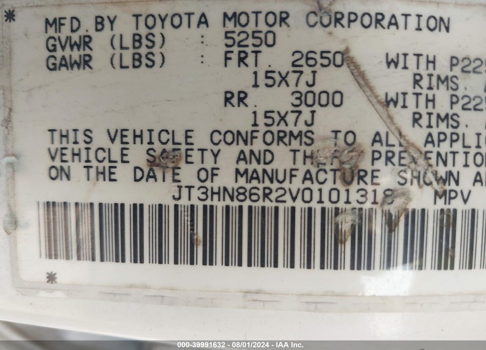 1997 TOYOTA 4RUNNER SR5 V6 VIN: JT3HN86R2V0101318