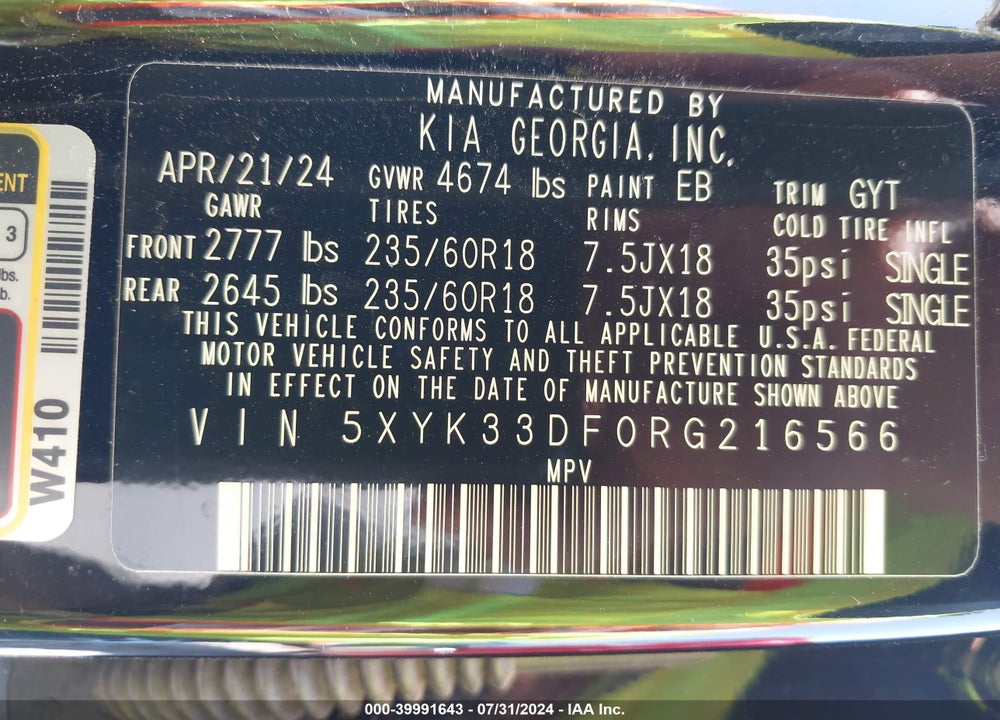 2024 KIA SPORTAGE EX VIN: 5XYK33DF0RG216566