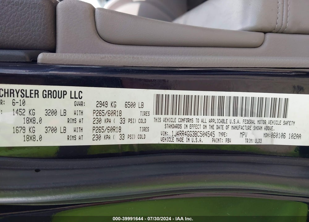 2011 JEEP GRAND CHEROKEE LAREDO VIN: 1J4RR4GG3BC504545