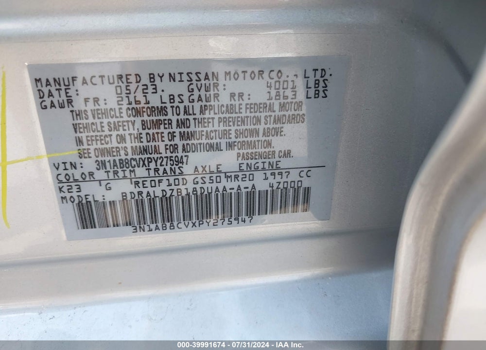 2023 NISSAN SENTRA SV XTRONIC CVT VIN: 3N1AB8CVXPY275947