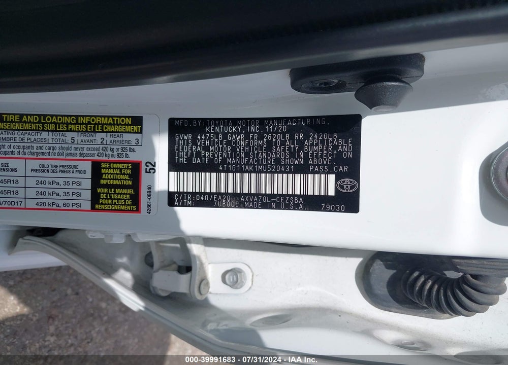 2021 TOYOTA CAMRY SE VIN: 4T1G11AK1MU520431