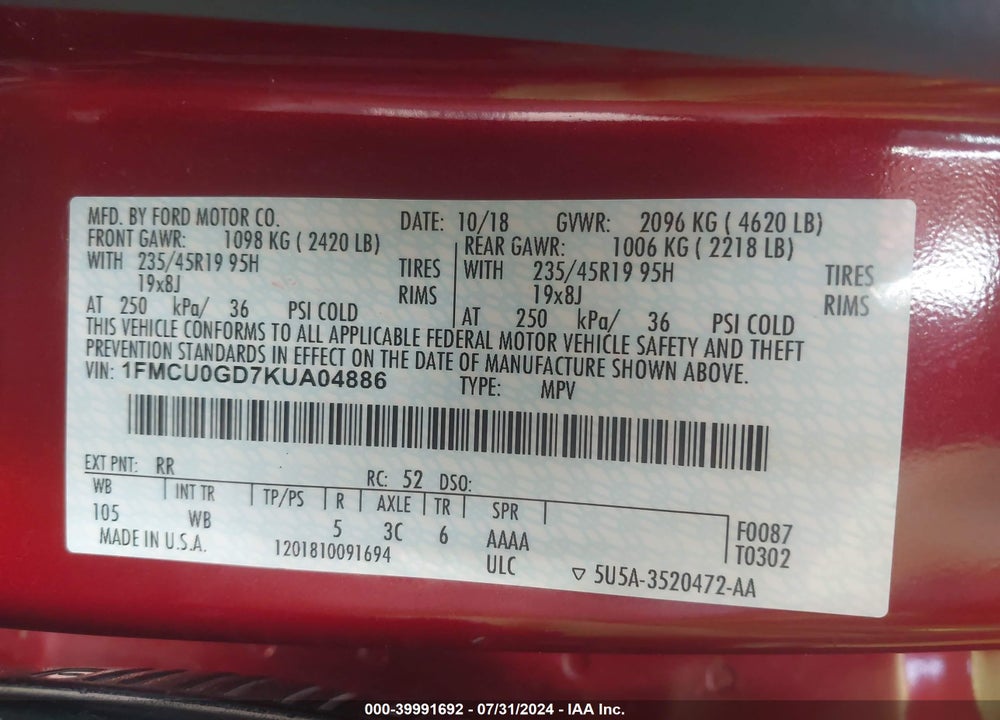 2019 FORD ESCAPE SE VIN: 1FMCU0GD7KUA04886