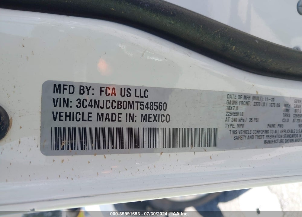 2021 JEEP COMPASS LIMITED FWD VIN: 3C4NJCCB0MT548560