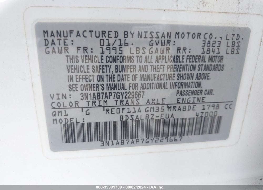 2016 NISSAN SENTRA S VIN: 3N1AB7AP7GY229667