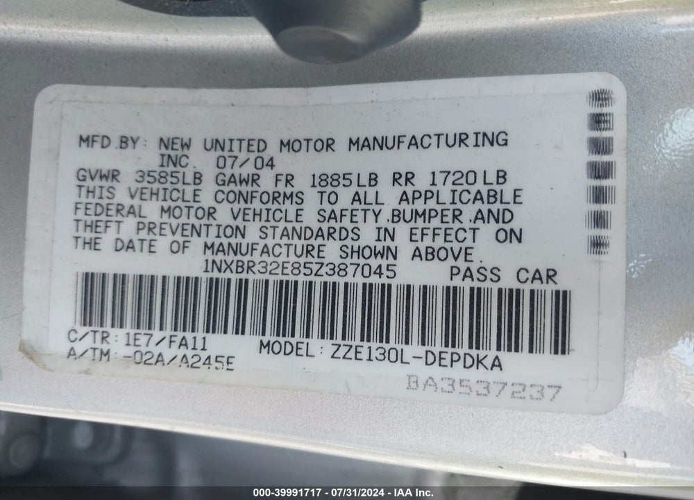 2005 TOYOTA COROLLA CE VIN: 1NXBR32E85Z387045