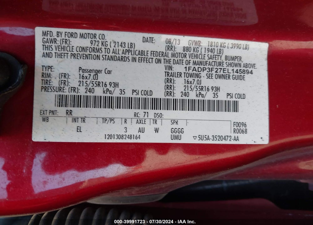 2014 FORD FOCUS SE VIN: 1FADP3F27EL145894