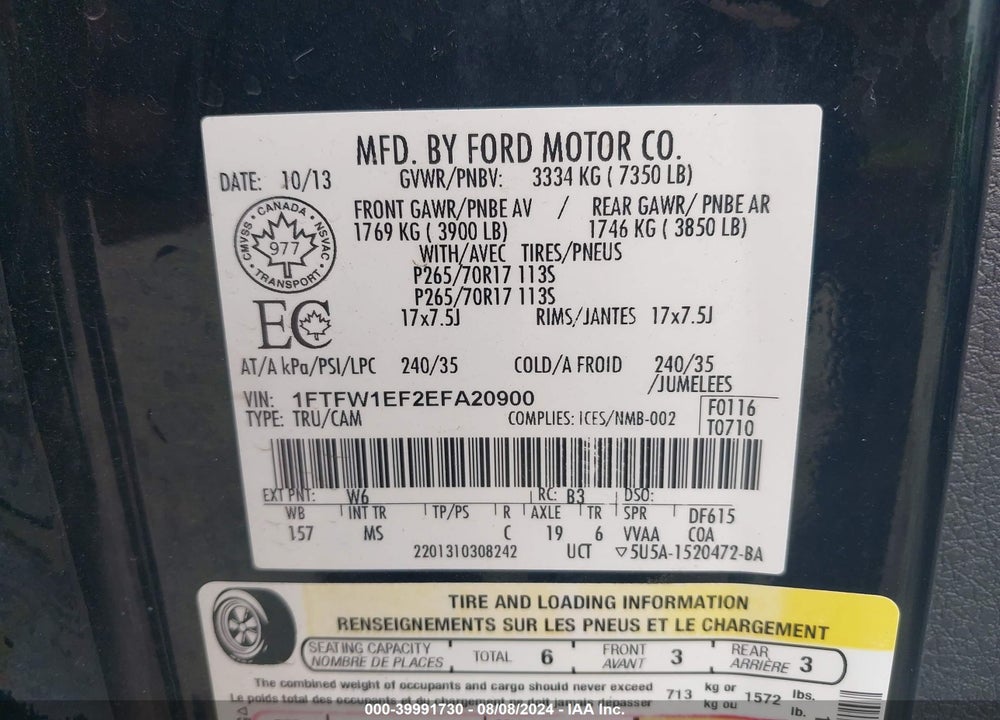 2014 FORD F-150 XLT VIN: 1FTFW1EF2EFA20900