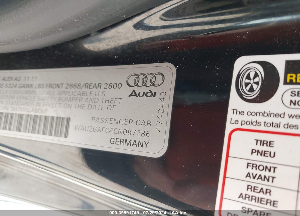 2012 AUDI A7 PREMIUM VIN: WAU2GAFC4CN087286