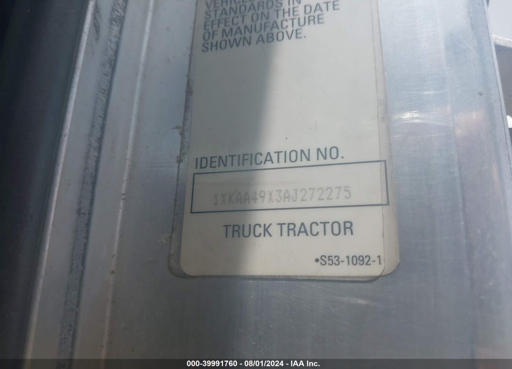 2010 KENWORTH T660 T660 VIN: 1XKAA49X3AJ272275