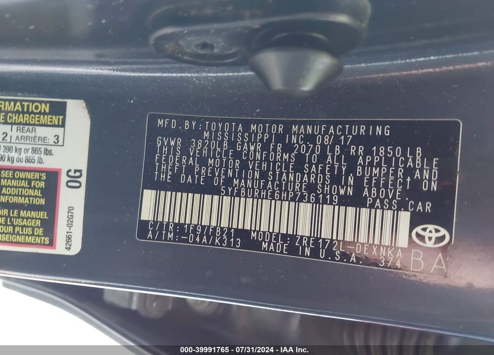2017 TOYOTA COROLLA L/LE/SE/SE SPECIAL EDITION/XLE/XSE VIN: 5YFBURHE6HP736119