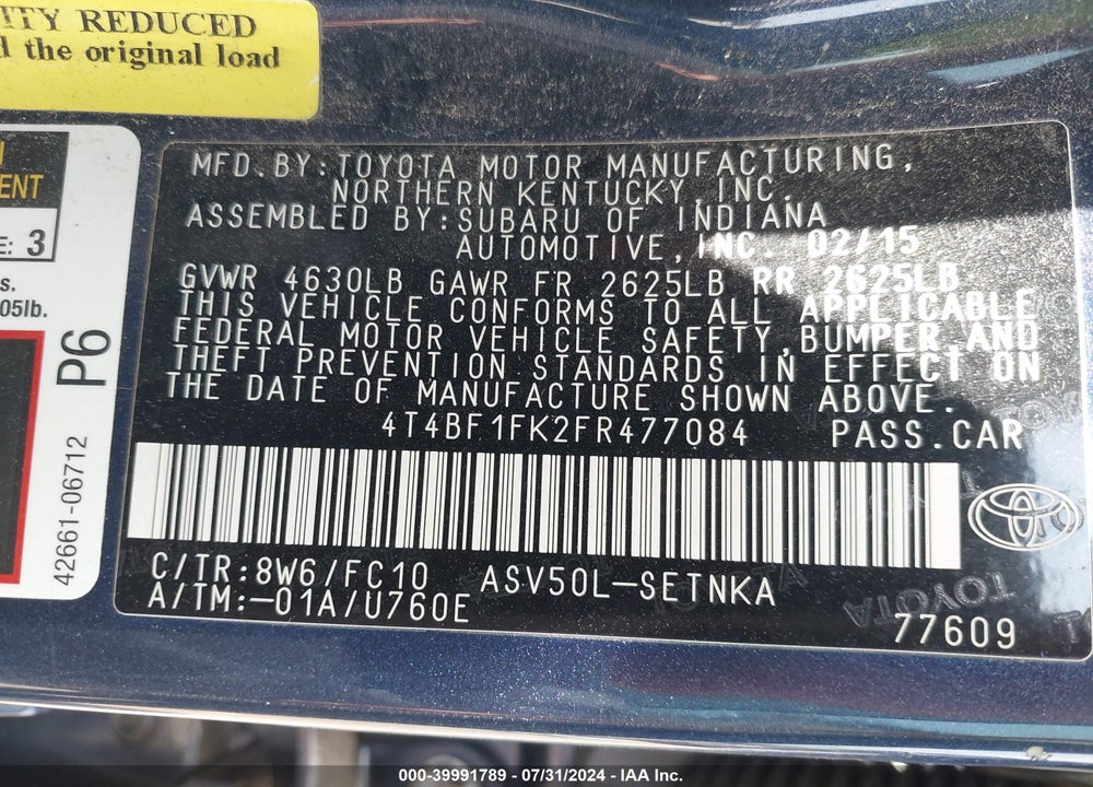 2015 TOYOTA CAMRY LE VIN: 4T4BF1FK2FR477084