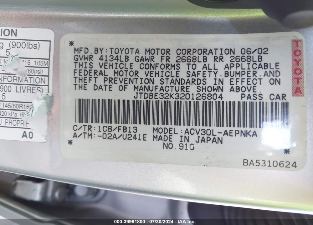 2002 TOYOTA CAMRY LE VIN: JTDBE32K320126804