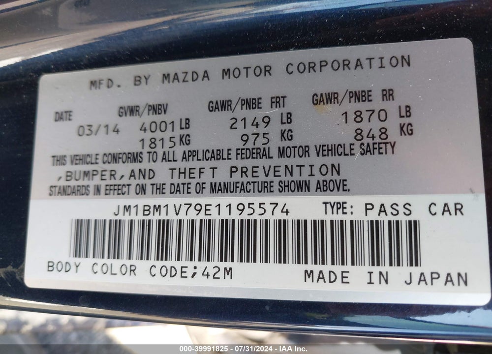 2014 MAZDA 3 I TOURING VIN: JM1BM1V79E1195574