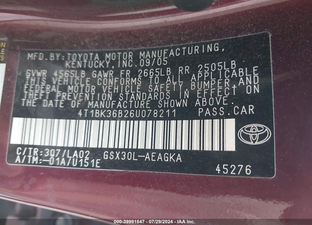 2006 TOYOTA AVALON XLS VIN: 4T1BK36B26U078211