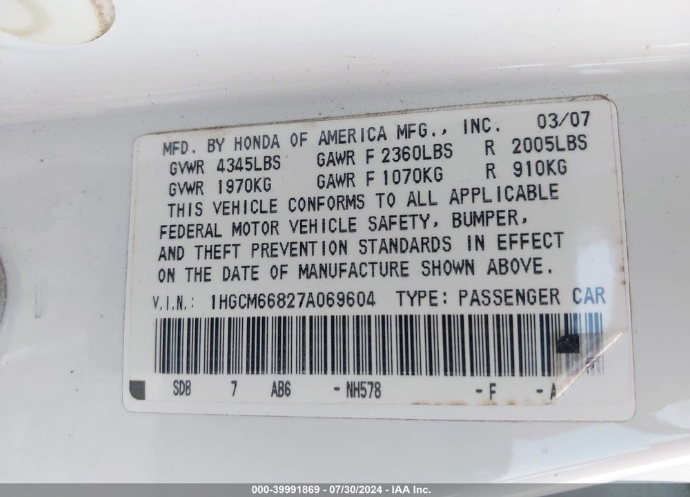 2007 HONDA ACCORD 3.0 EX VIN: 1HGCM66827A069604
