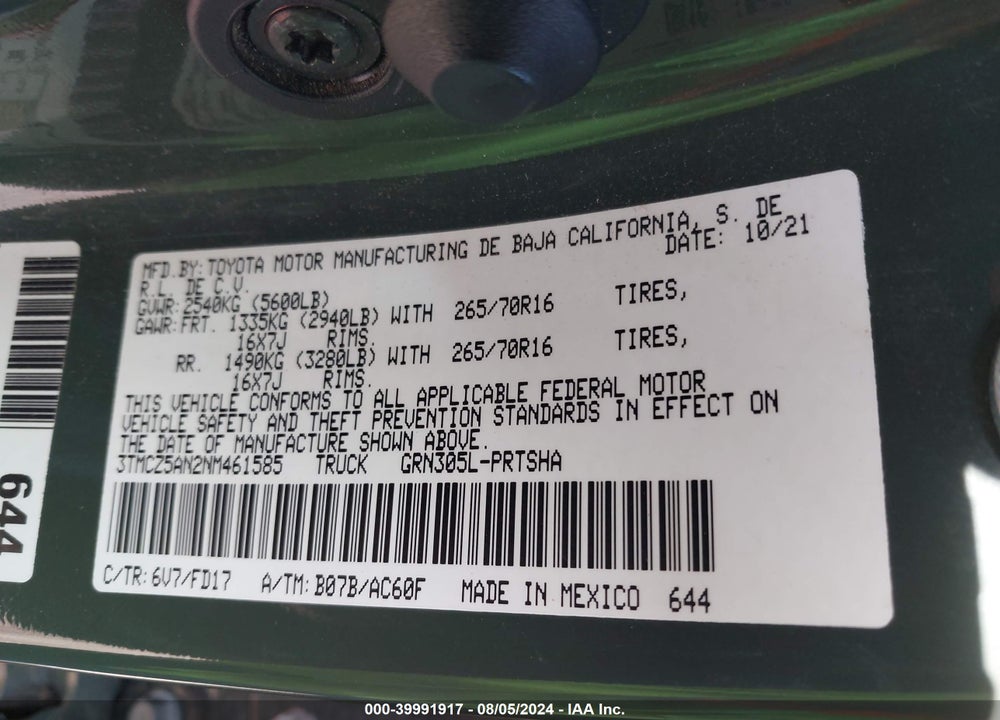 2022 TOYOTA TACOMA TRD OFF ROAD VIN: 3TMCZ5AN2NM461585