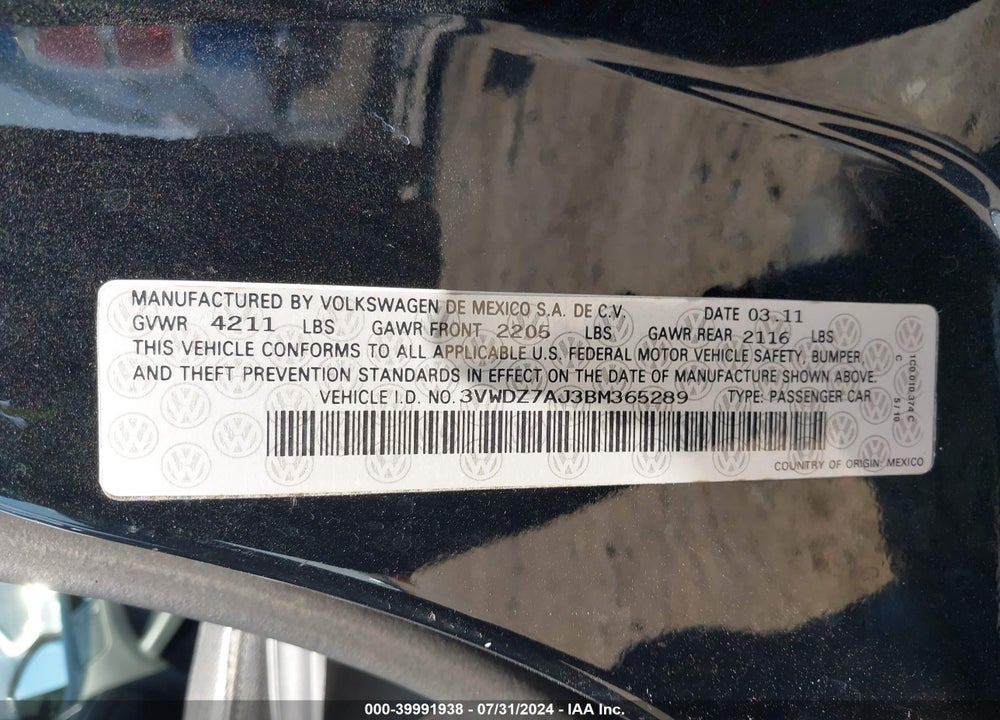 2011 VOLKSWAGEN JETTA 2.5L SE VIN: 3VWDZ7AJ3BM365289