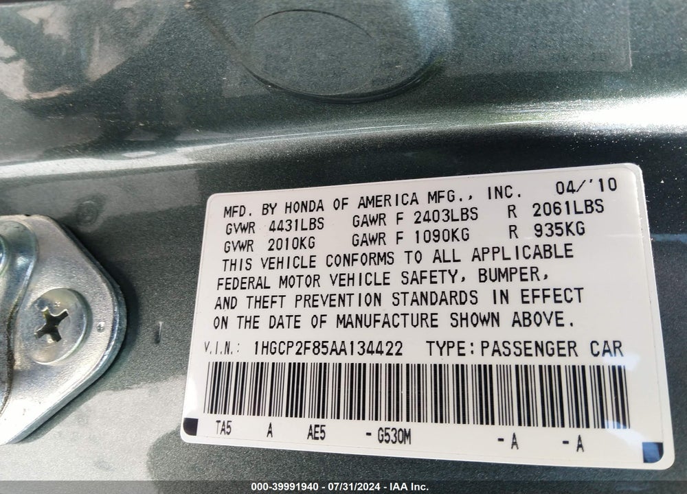 2010 HONDA ACCORD SDN VIN: 1HGCP2F85AA134422