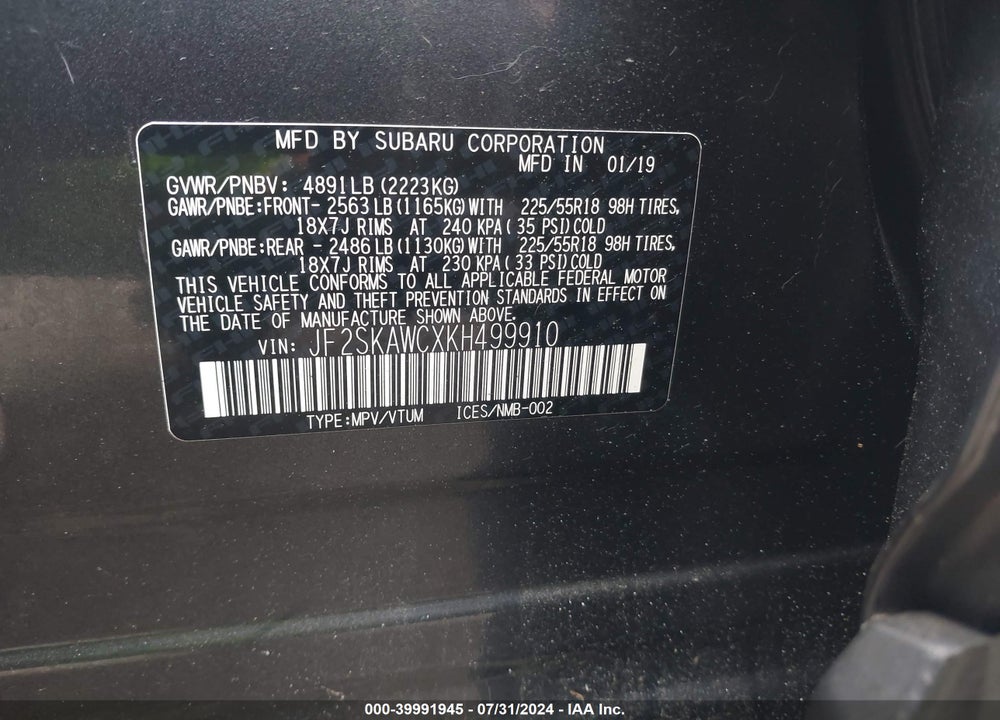 2019 SUBARU FORESTER TOURING VIN: JF2SKAWCXKH499910