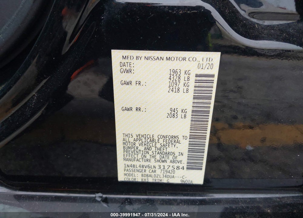 2020 NISSAN ALTIMA VIN: 1N4BL4BV6LN317584
