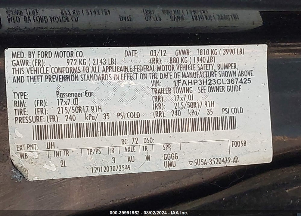 2012 FORD FOCUS SEL VIN: 1FAHP3H23CL367425