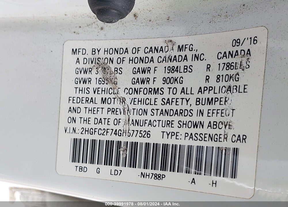 2016 HONDA CIVIC EX VIN: 2HGFC2F74GH577526