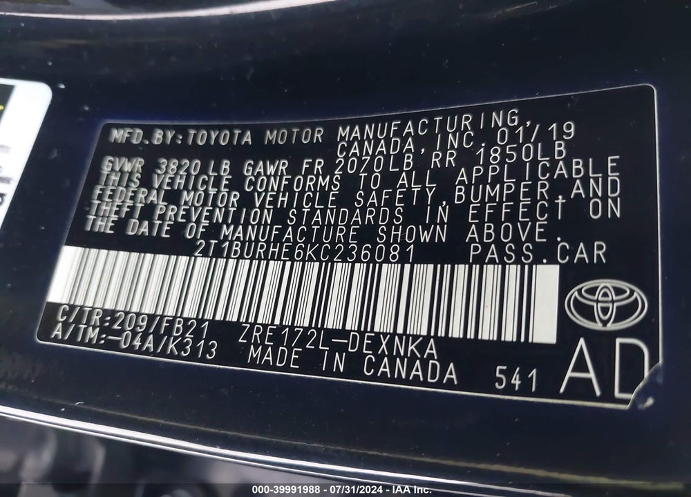 2019 TOYOTA COROLLA LE VIN: 2T1BURHE6KC236081