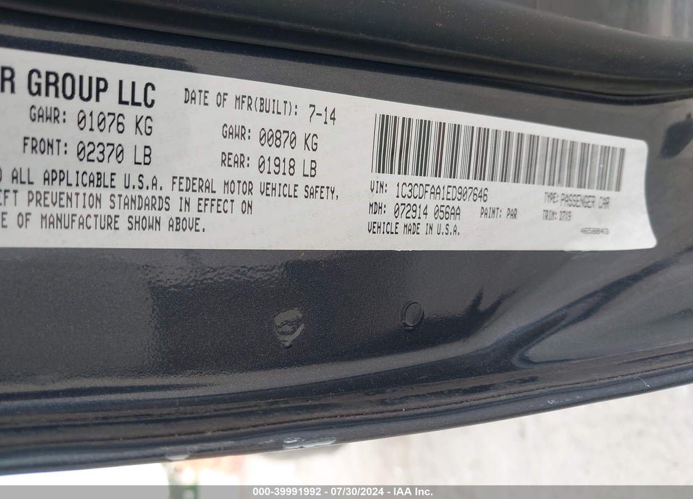 2014 DODGE DART SE VIN: 1C3CDFAA1ED907646
