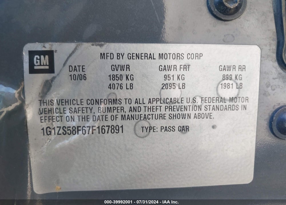 2007 CHEVROLET MALIBU LS VIN: 1G1ZS58F67F167891