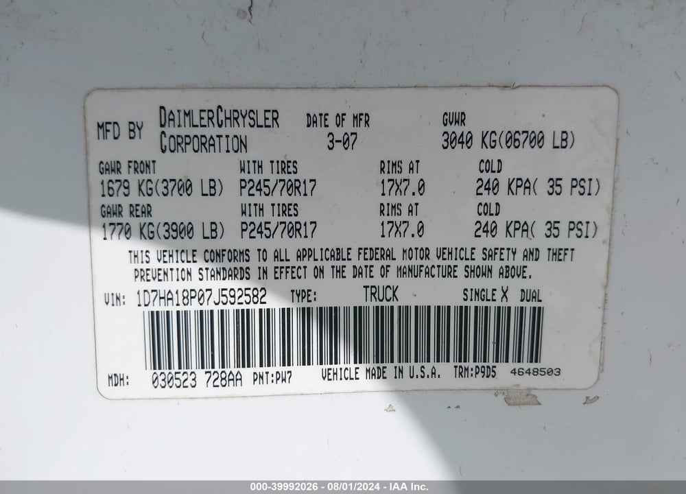 2007 DODGE RAM 1500 ST VIN: 1D7HA18P07J592582