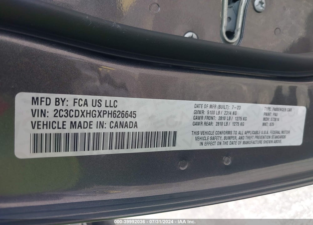 2023 DODGE CHARGER GT VIN: 2C3CDXHGXPH626645