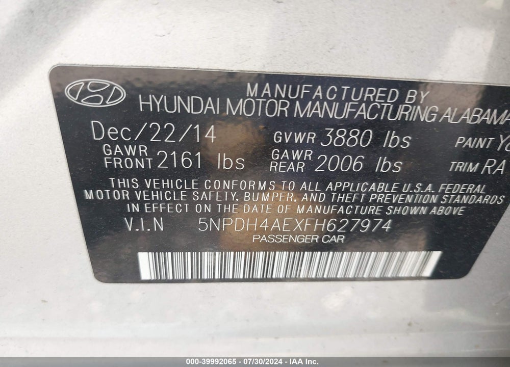 2015 HYUNDAI ELANTRA VIN: 5NPDH4AEXFH627974