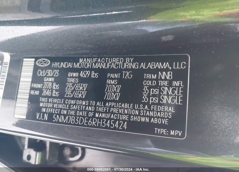 2024 HYUNDAI TUCSON SEL VIN: 5NMJB3DE6RH345424