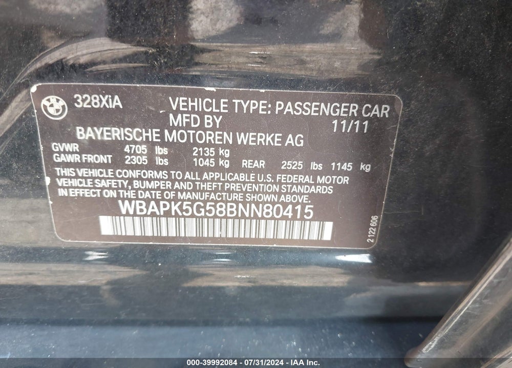2011 BMW 328I XDRIVE VIN: WBAPK5G58BNN80415