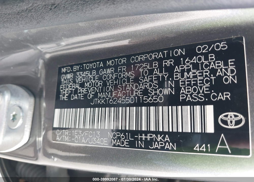 2005 SCION XA VIN: JTKKT624550115650