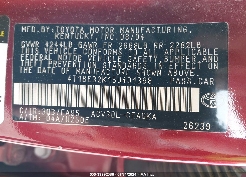 2005 TOYOTA CAMRY XLE VIN: 4T1BE32K15U401398