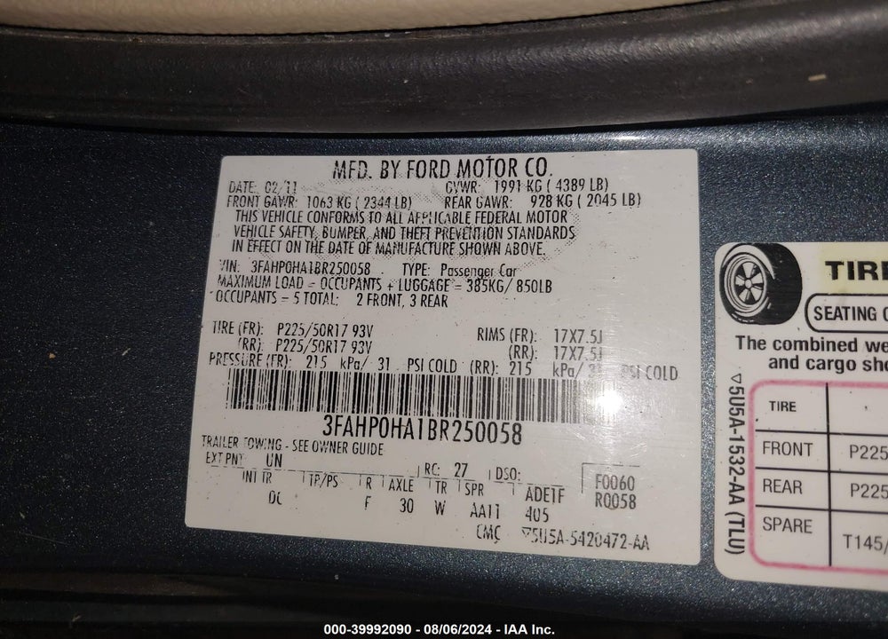2011 FORD FUSION SE VIN: 3FAHP0HA1BR250058